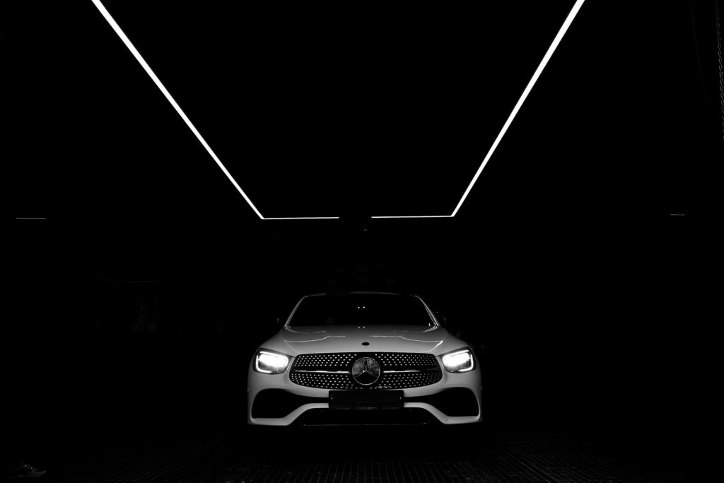 Moscow, Russia – 18.03.2021 : a white Mercedes Benz car pulls out of the passenger compartment